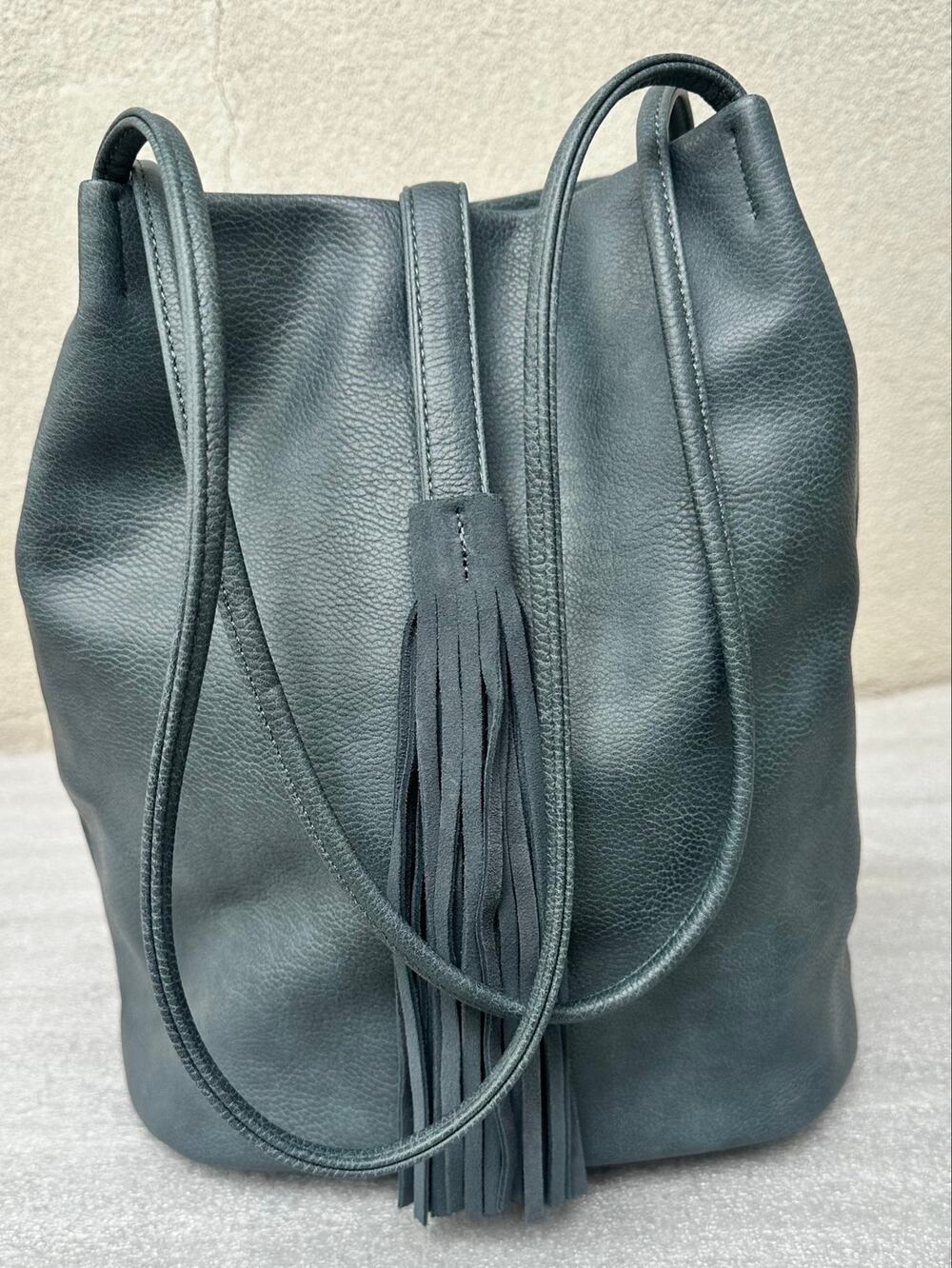 Street Level Melody Tassel Tote Slate Gray Faux Leather Bucket Shoulder Bag Boho